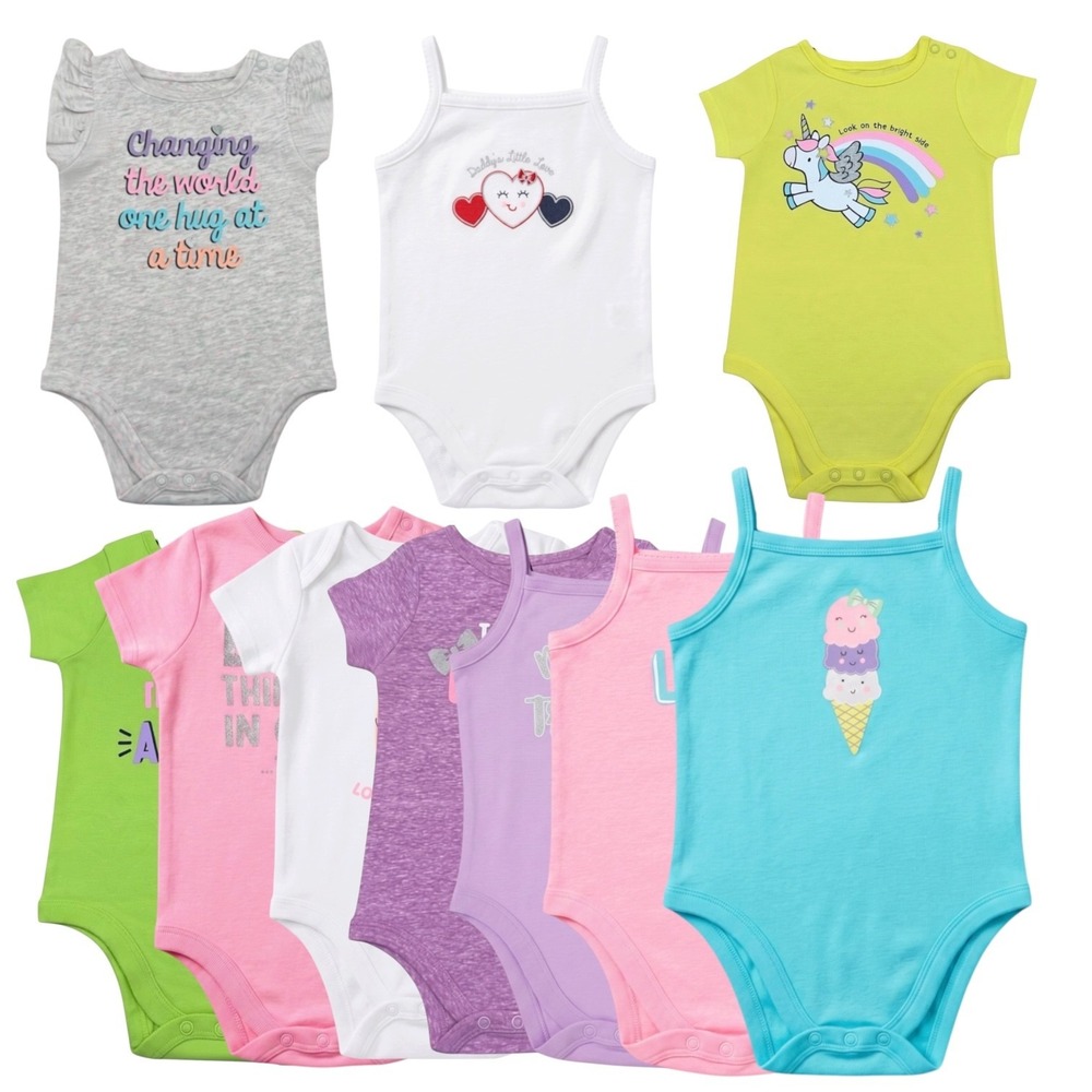 Garanimals Baby Girls Short Sleeve Graphic One piece Bodysuits Sz 12M Lot of 10